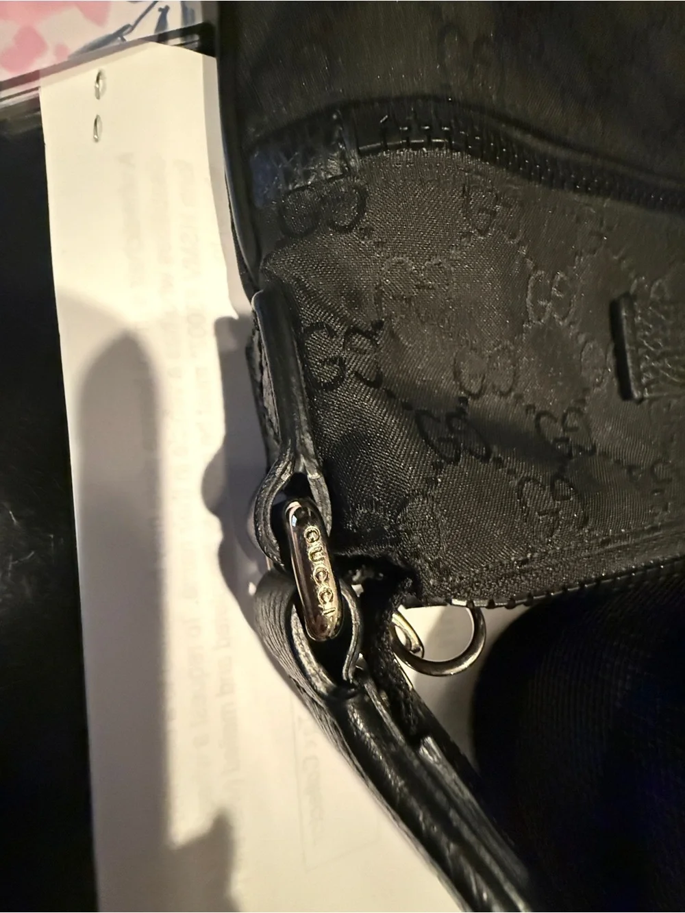 Authentic Gucci Black GG Monogram Messenger Bag with Striped Strap